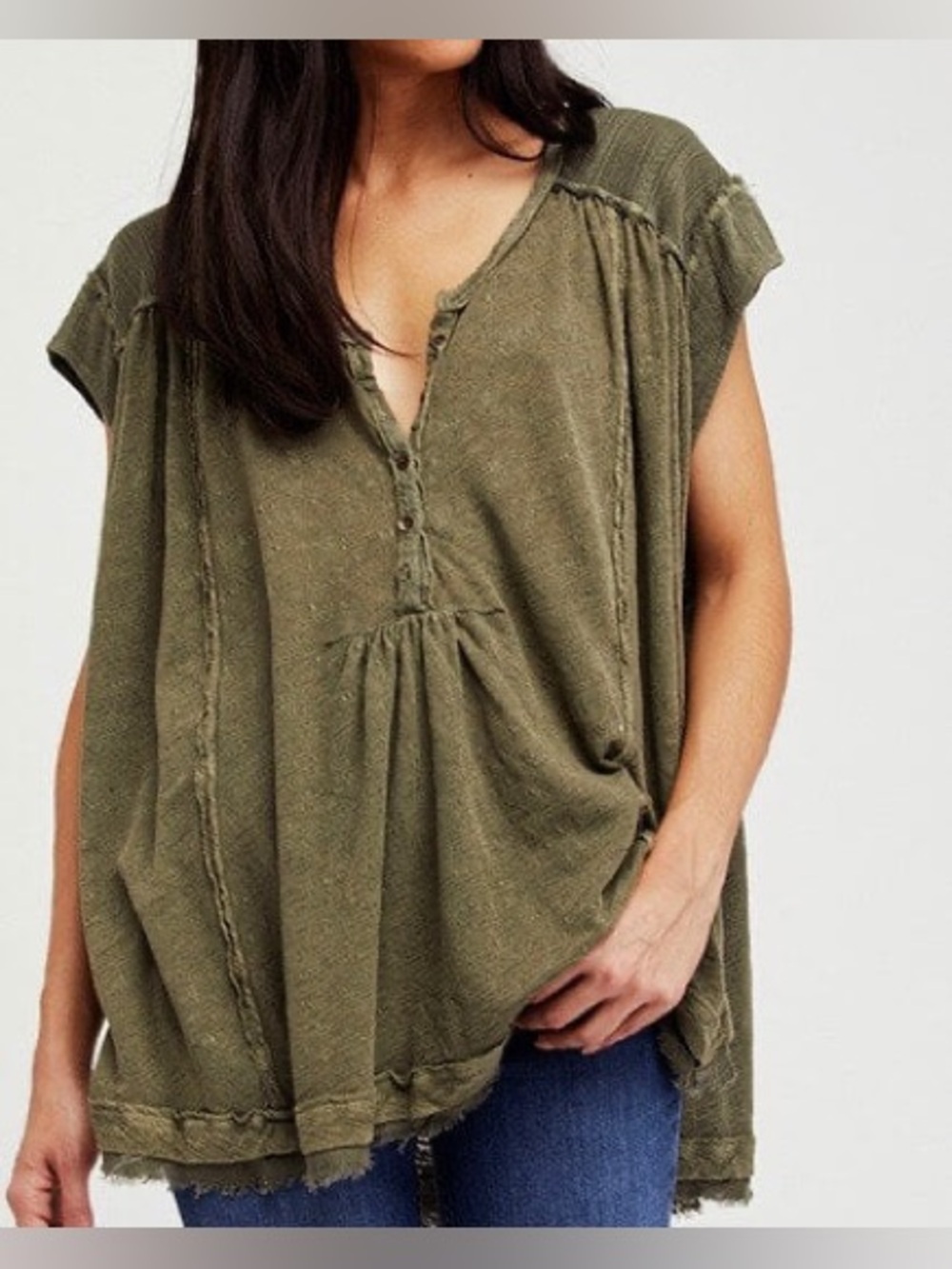 Free People Henley Top XS Linen Blend Oversized Swingy Raw Edge Boho Army Green